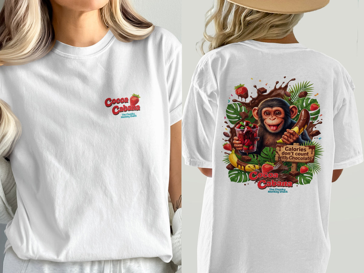 White t-shirt with Cocoa Cabana logo and a monkey eating chocolate-covered banana.
