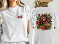 White t-shirt with Cocoa Cabana logo and a monkey eating chocolate-covered banana.