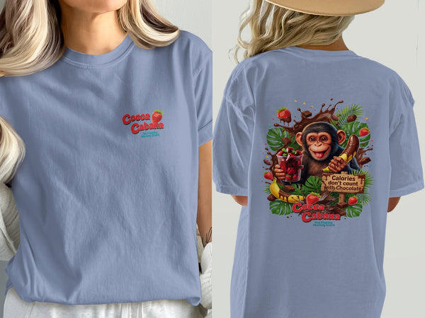 Monkey with chocolate, strawberries, bananas, and text "Cocoa Cabana".