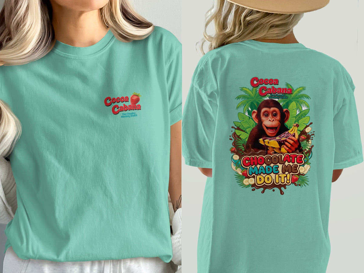 Mint t-shirt with Cocoa Cabana logo on front and monkey graphic on back.