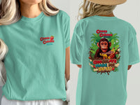 Mint t-shirt with Cocoa Cabana logo on front and monkey graphic on back.