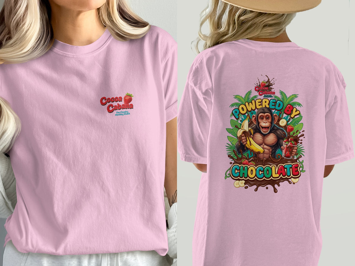 Pink t-shirt with "Cocoa Cabana" on front and monkey graphic saying "Powered By Chocolate" on back.