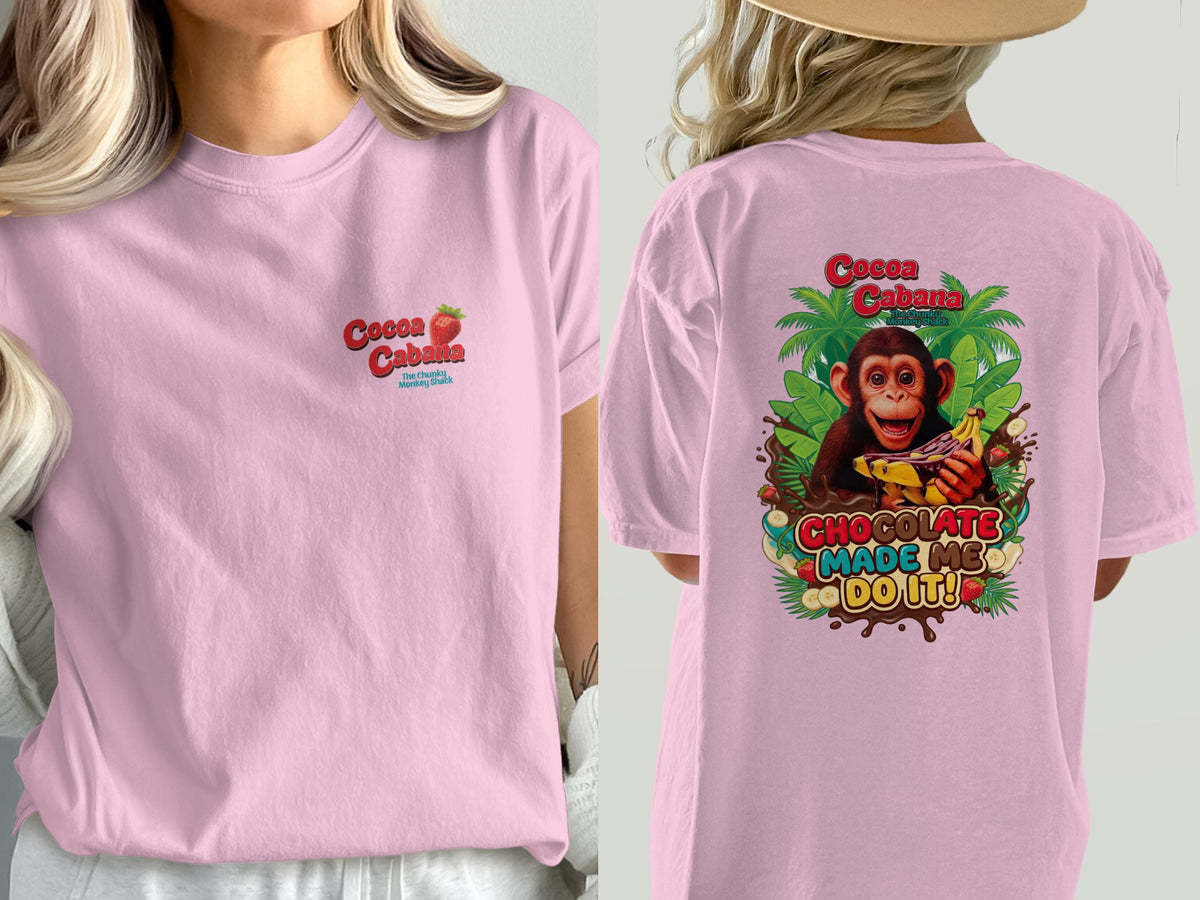 Pink t-shirt with "Cocoa Cabana The Chunky Monkey Shack" and a monkey graphic.