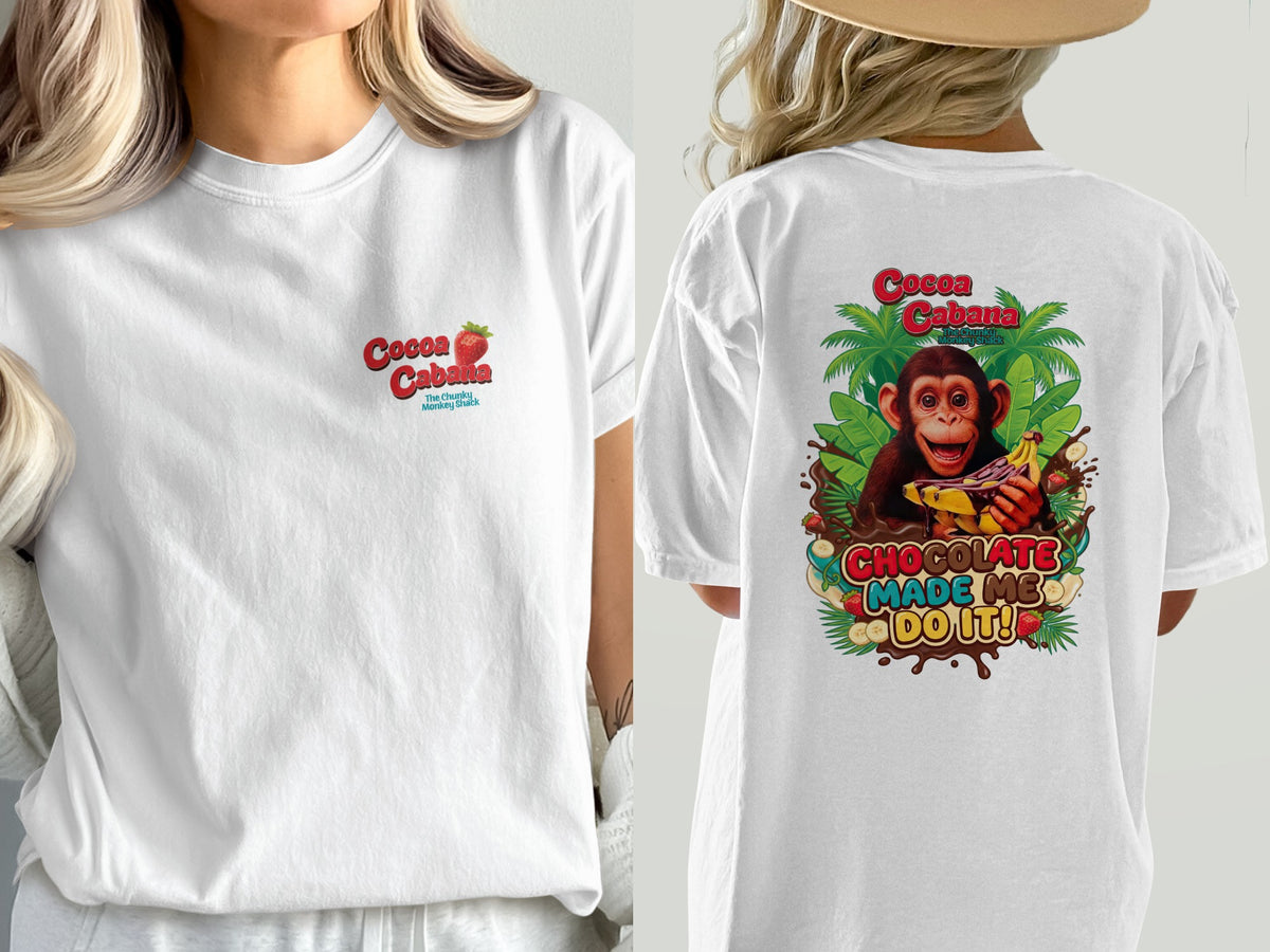 White t-shirt with "Cocoa Cabana" and strawberry graphic on front, monkey graphic on back.