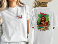 White t-shirt with "Cocoa Cabana" and strawberry graphic on front, monkey graphic on back.