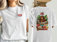 White t-shirt with Cocoa Cabana logo and monkey eating chocolate graphic.