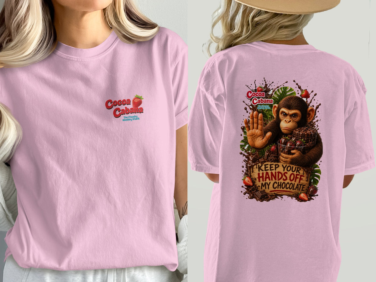 Pink t-shirt with "Cocoa Cabana" logo on front and monkey graphic on back.