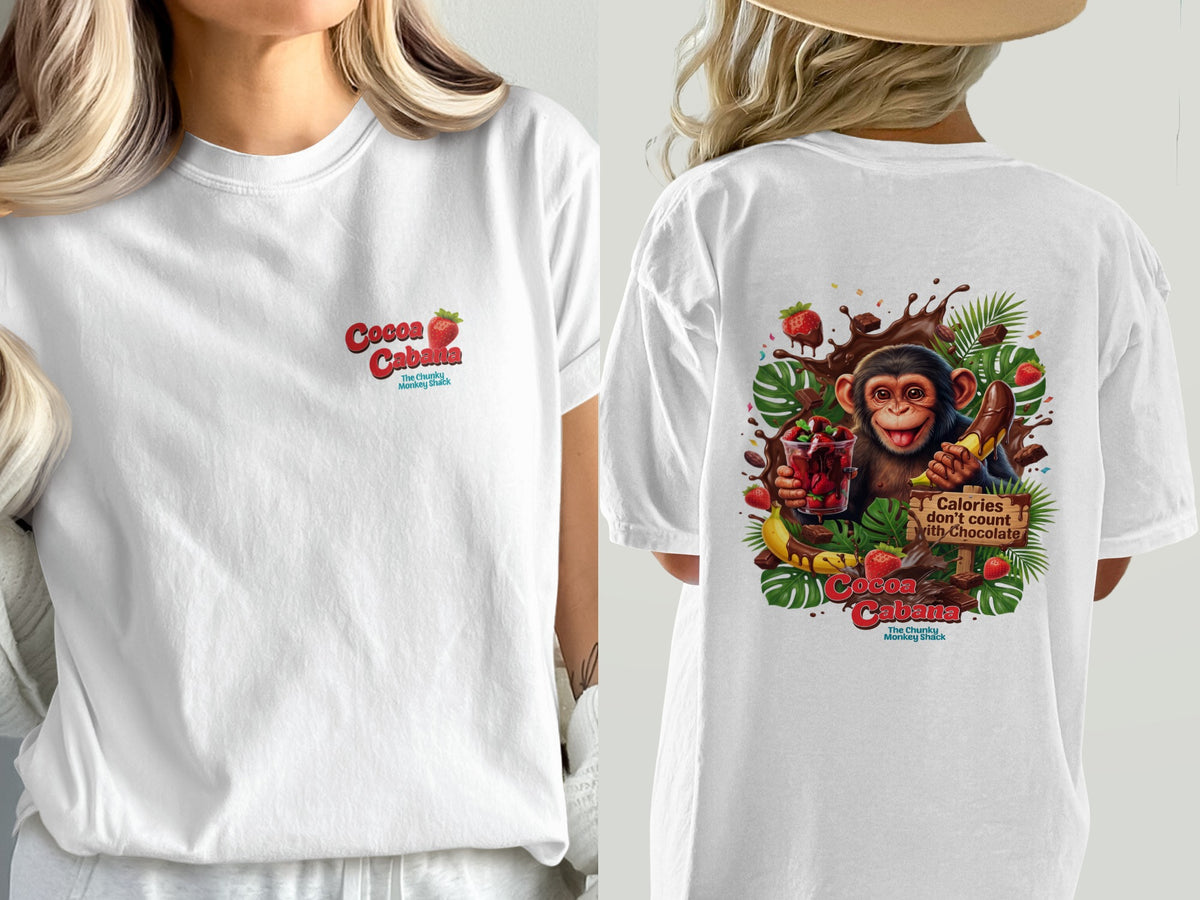 White t-shirt with "Cocoa Cabana" on the front and a monkey with chocolate on the back.