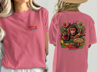 Pink t-shirt with a monkey, chocolate, strawberries, and text "Cocoa Cabana Calories don't count with Chocolate".