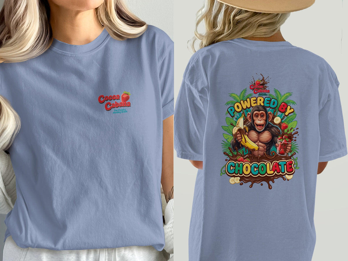 Blue t-shirt with "Cocoa Cabana" and monkey graphics, "Powered by Chocolate" text.