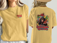 Yellow t-shirt with "Cocoa Cabana" logo on front and chimpanzee graphic on back.