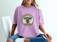 T-shirt with "Powered by questionable amounts of chocolate" graphic featuring lightning bolt.