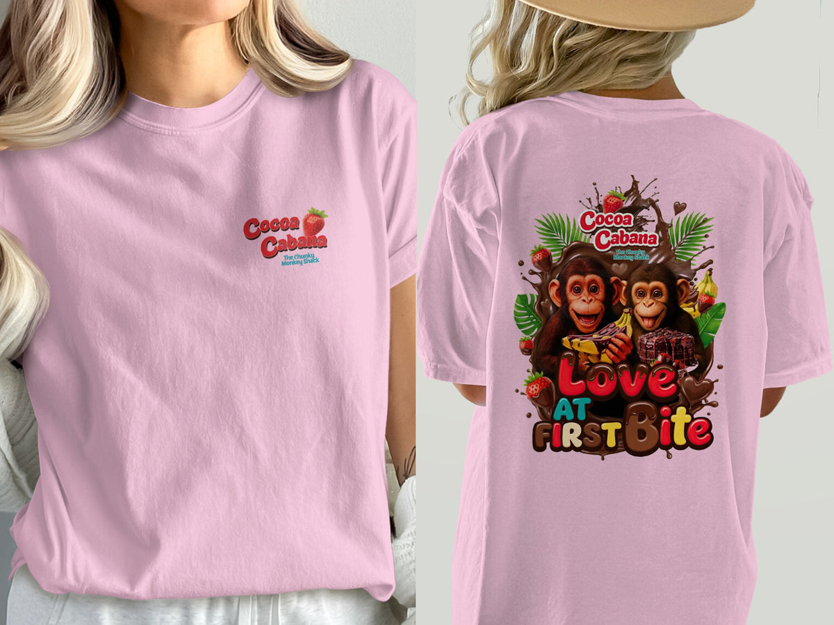 Pink t-shirt with Cocoa Cabana logo on front and monkeys, chocolate, and text on back.