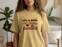 Yellow t-shirt with "Life Is Bitter Add Something Beautiful" text and chocolate graphics.