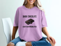 Purple t-shirt with "DARK CHOCOLATE LIGHT RESPONSIBILITIES" text and chocolate bar graphic.