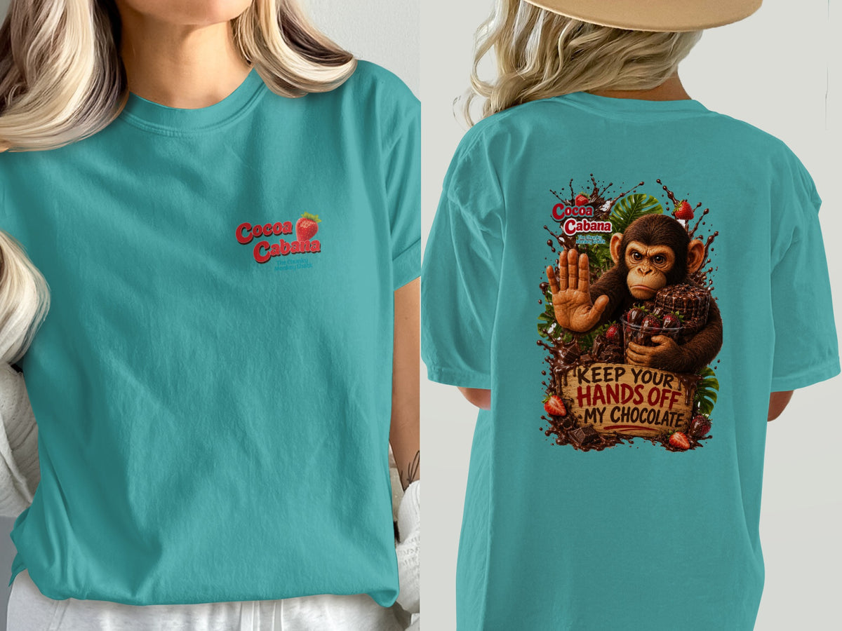 Teal t-shirt with "Cocoa Cabana" logo on front and monkey with chocolate on back.