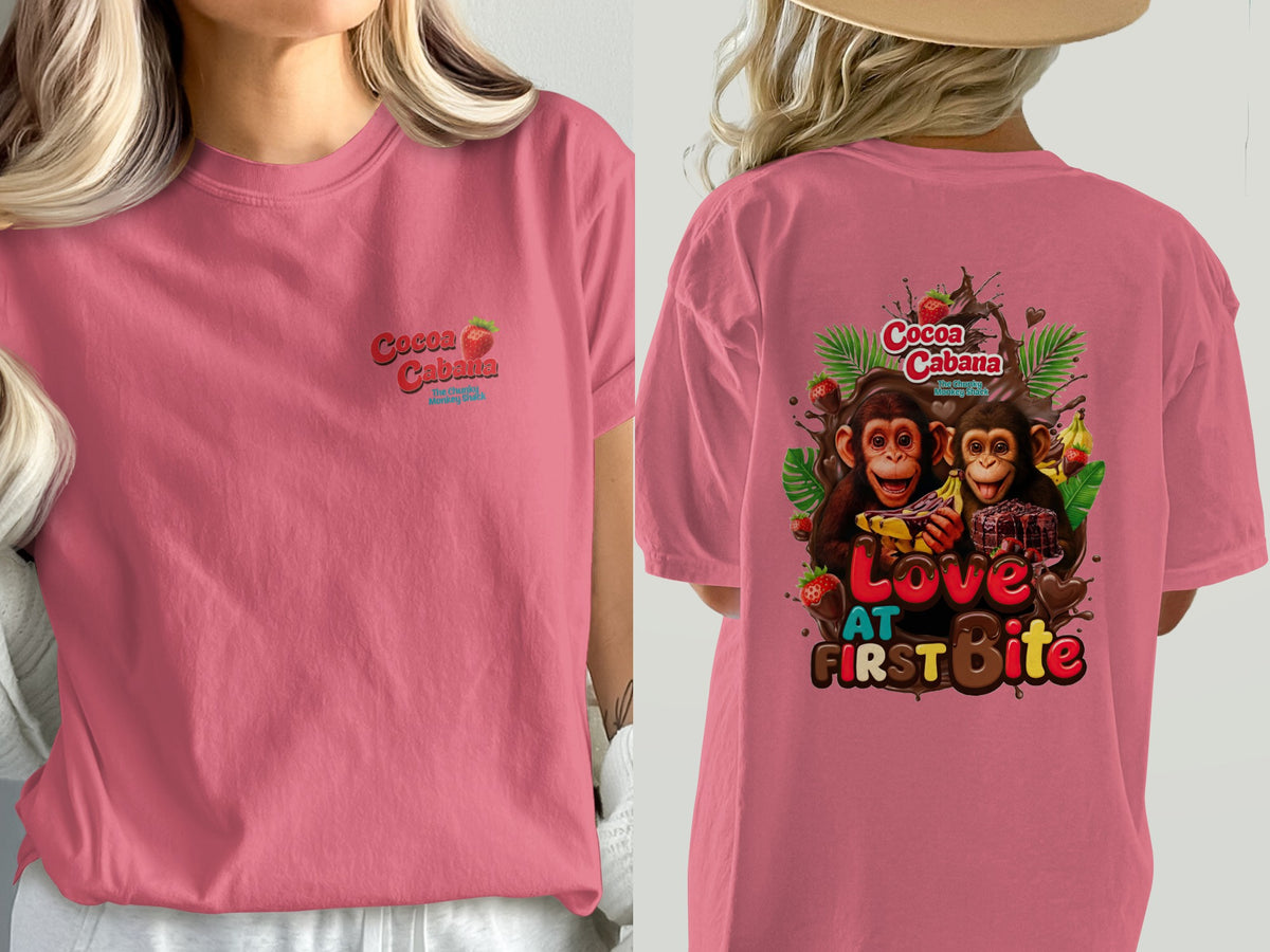 T-shirt with two monkeys and "Cocoa Cabana Love At First Bite" text.