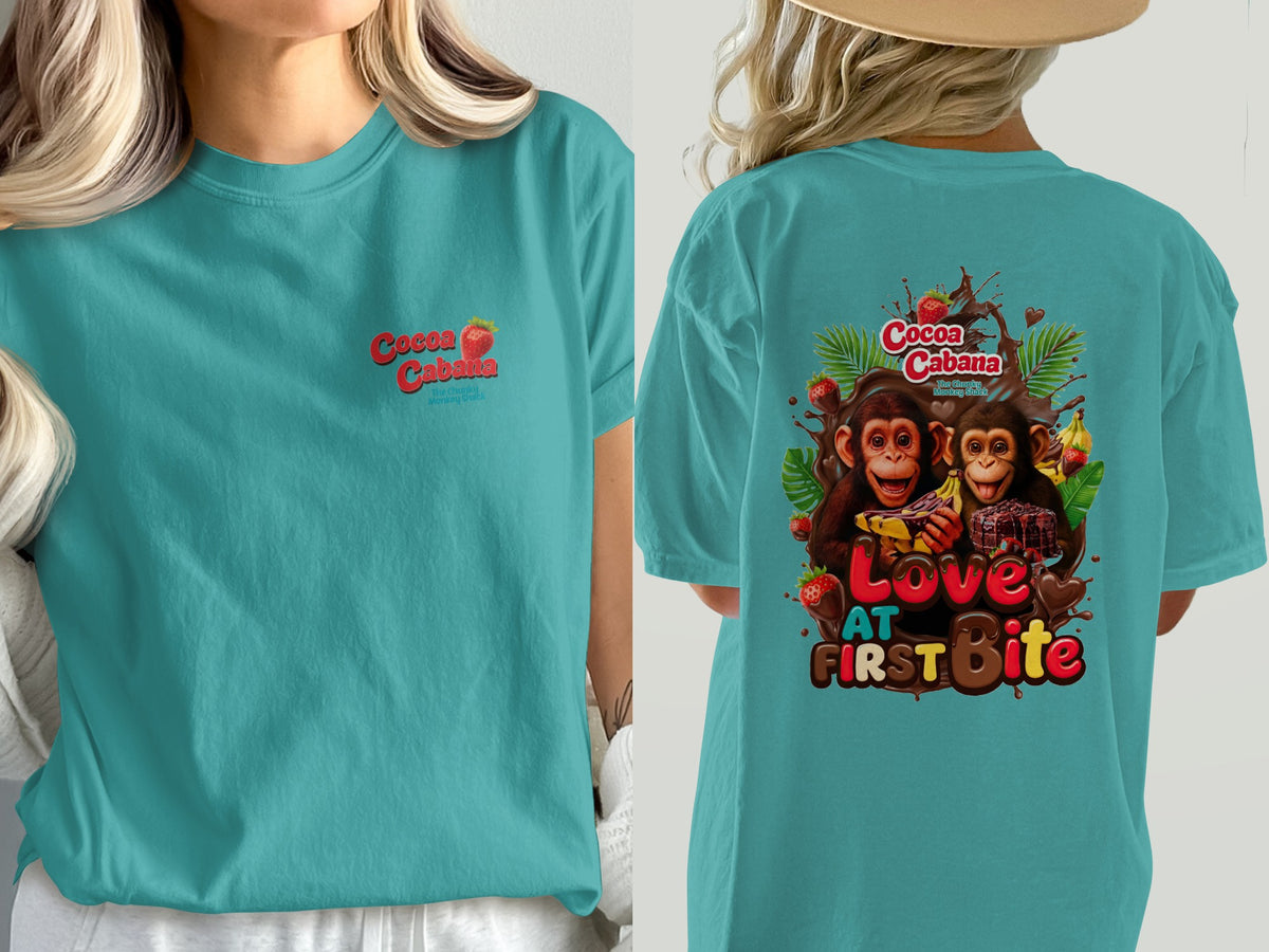 Teal t-shirt with "Cocoa Cabana" and monkey graphic. "Love at First Bite" text.