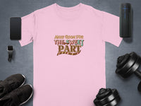 Pink t-shirt with "Make Room for The Sweet Part" text, smartphone, smartwatch, and dumbbells.