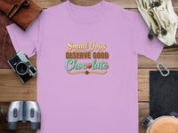 Lilac t-shirt with text "Small Joys Deserve Good Chocolate" and chocolate design.