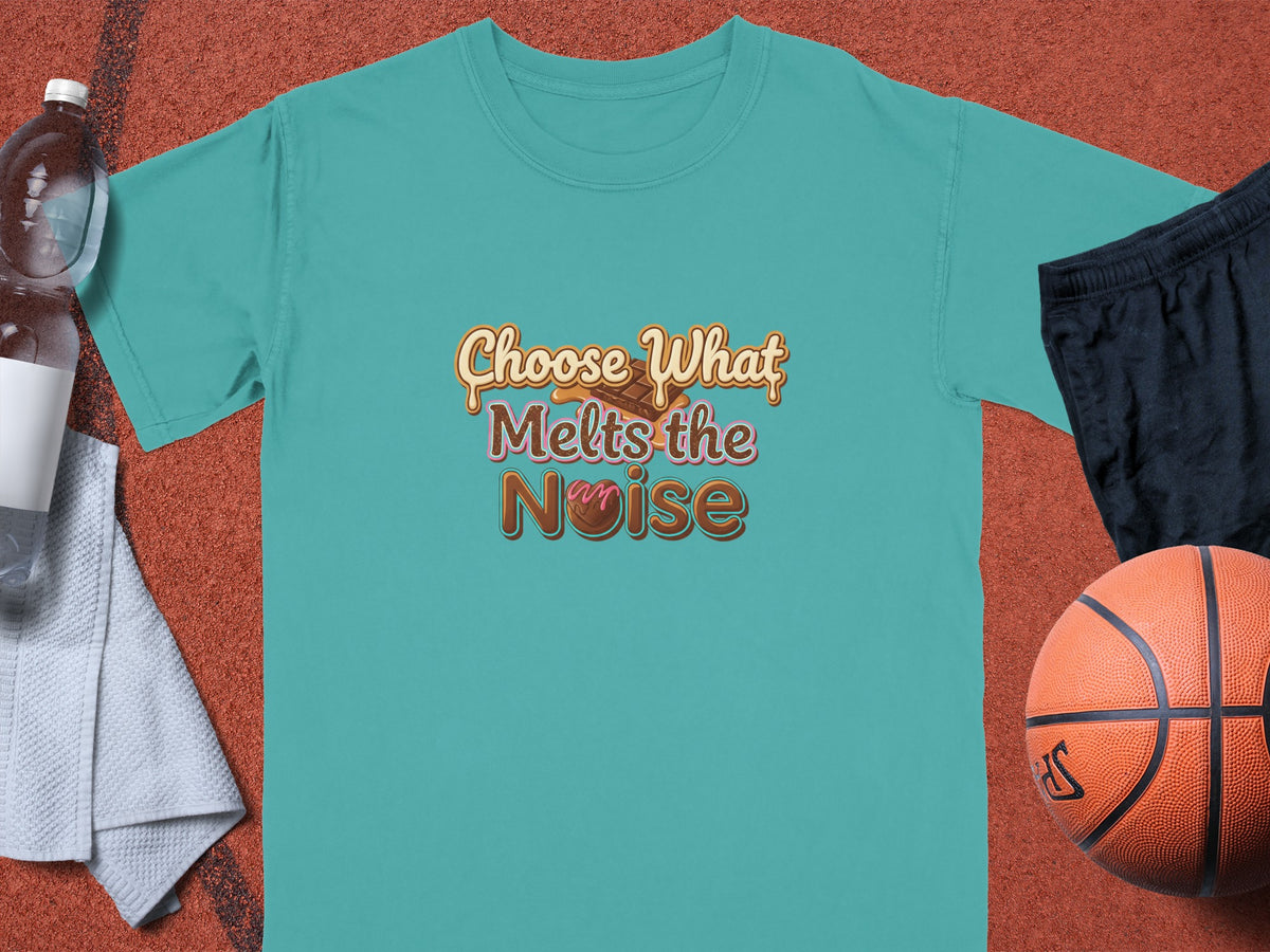 Teal t-shirt with text "Choose What Melts the Noise" and a donut.