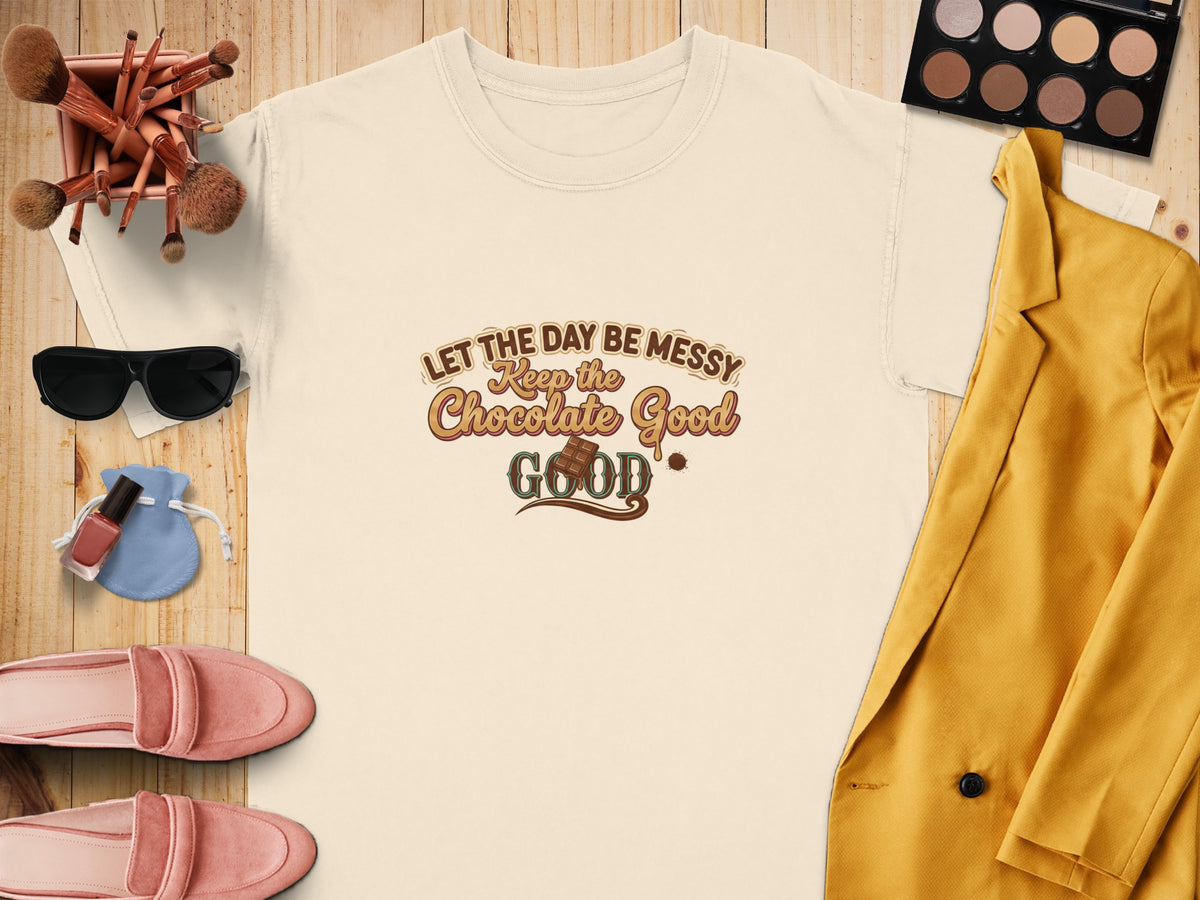 Cream t-shirt with "Let the day be messy, Keep the Chocolate Good" text.