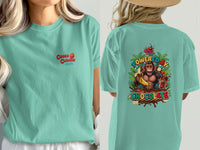 Mint green t-shirt with "Cocoa Cabana" logo and monkey graphic that says "Powered by Chocolate".