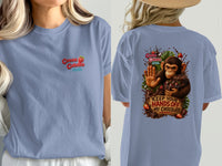 T-shirt back with monkey holding chocolate and text "Keep Your Hands Off My Chocolate".