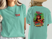 Teal t-shirt with "Cocoa Cabana" logo and monkey graphic and text "CHOCOLATE MADE ME DO IT!".
