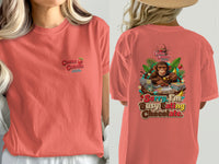Coral t-shirt with "Cocoa Cabana" logo on front and monkey eating chocolate graphic on back.