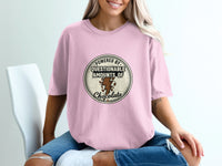 Pink t-shirt with a circular graphic that reads "Powered by questionable amounts of chocolate".
