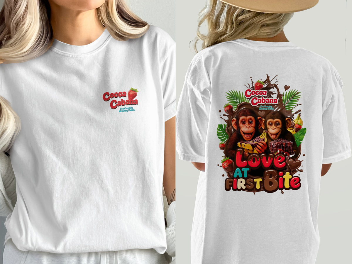 White t-shirt with "Cocoa Cabana" and monkey illustration on back.