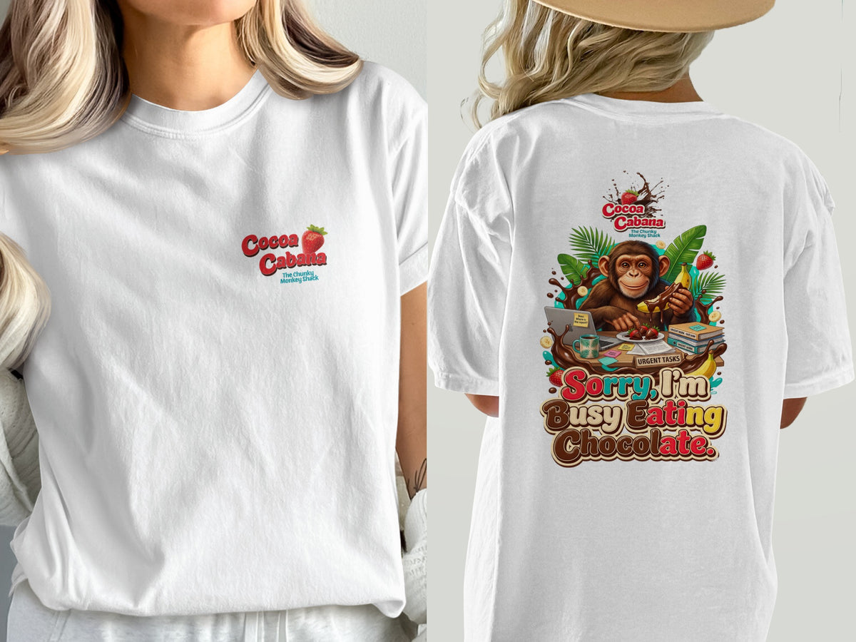White t-shirt with front logo and back graphic of a monkey eating chocolate.