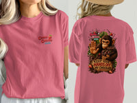 Pink t-shirt with "Cocoa Cabana" logo on front and monkey with chocolate on back.