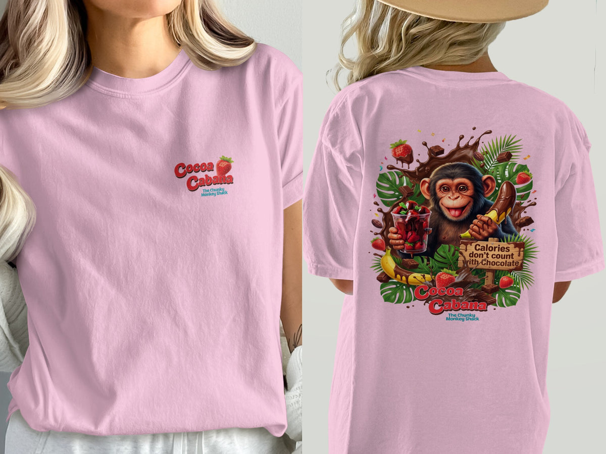 Pink t-shirt with front "Cocoa Cabana" text and back graphic of a monkey with chocolate and fruit.