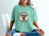 Teal t-shirt with circular graphic reading "Powered by questionable amounts of chocolate."