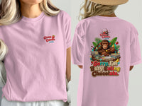 Pink t-shirt with "Cocoa Cabana" logo and a monkey eating chocolate graphic with text.