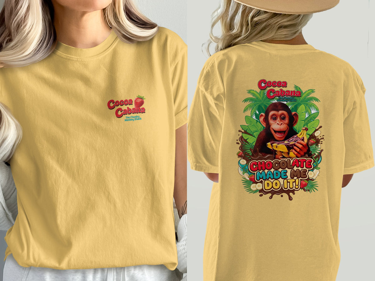 Yellow t-shirt with "Cocoa Cabana The Chunky Monkey Shack" on the front and a monkey with bananas on the back.