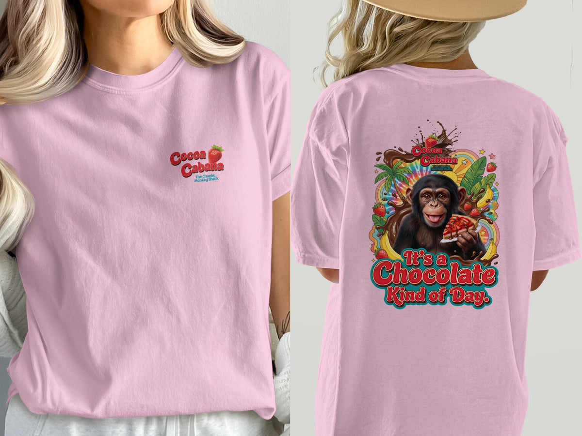 Chimpanzee graphic with text "Cocoa Cabana" and "It's a Chocolate Kind of Day."