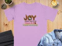 Lavender t-shirt with "JOY DOESNT HAVE TO BE COMPLICATED" text and chocolate graphic.