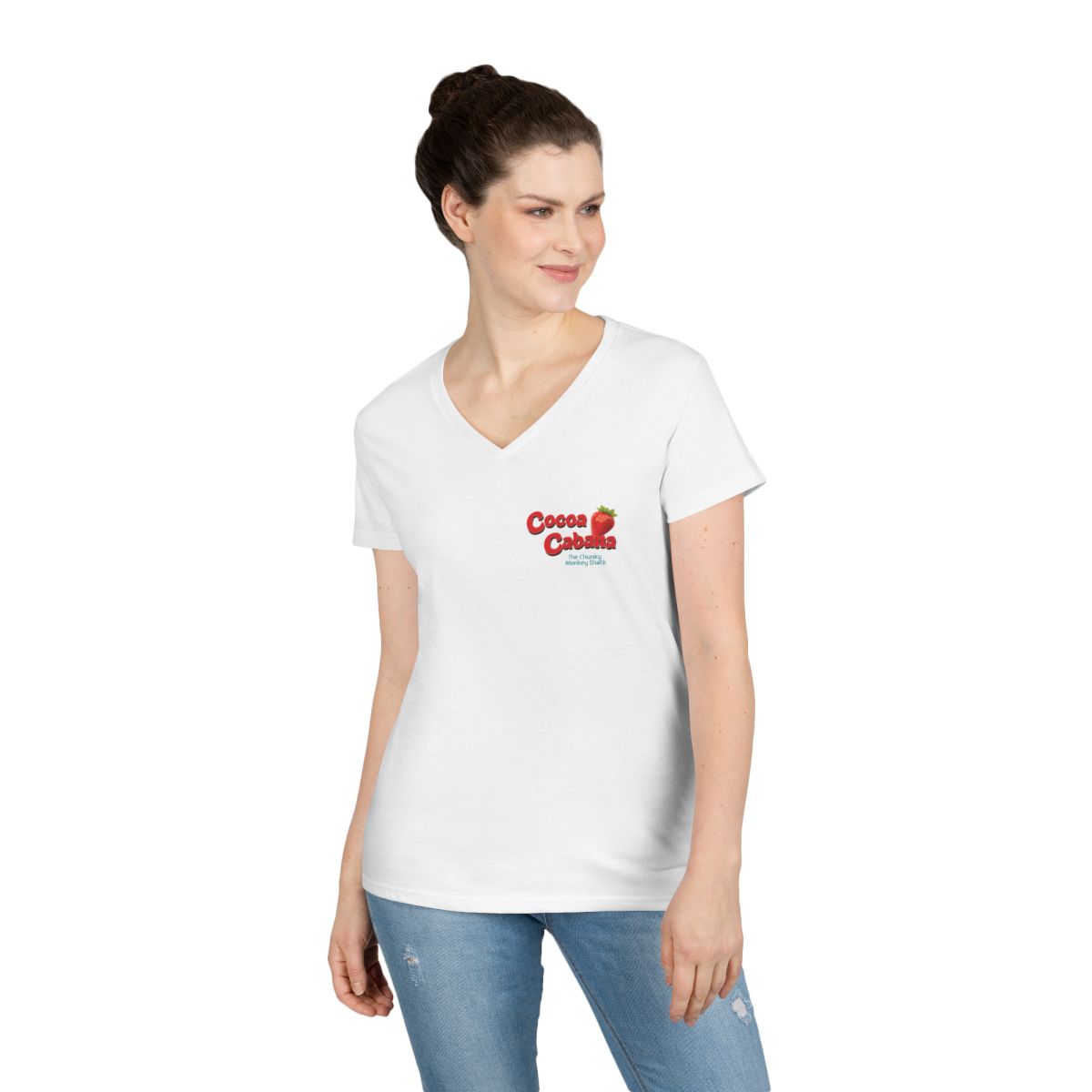 Cocoa Cabana White V-Neck T-Shirt with Strawberry Design