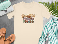Cream t-shirt with "Choose What Melts the Noise" graphic and chocolate imagery.