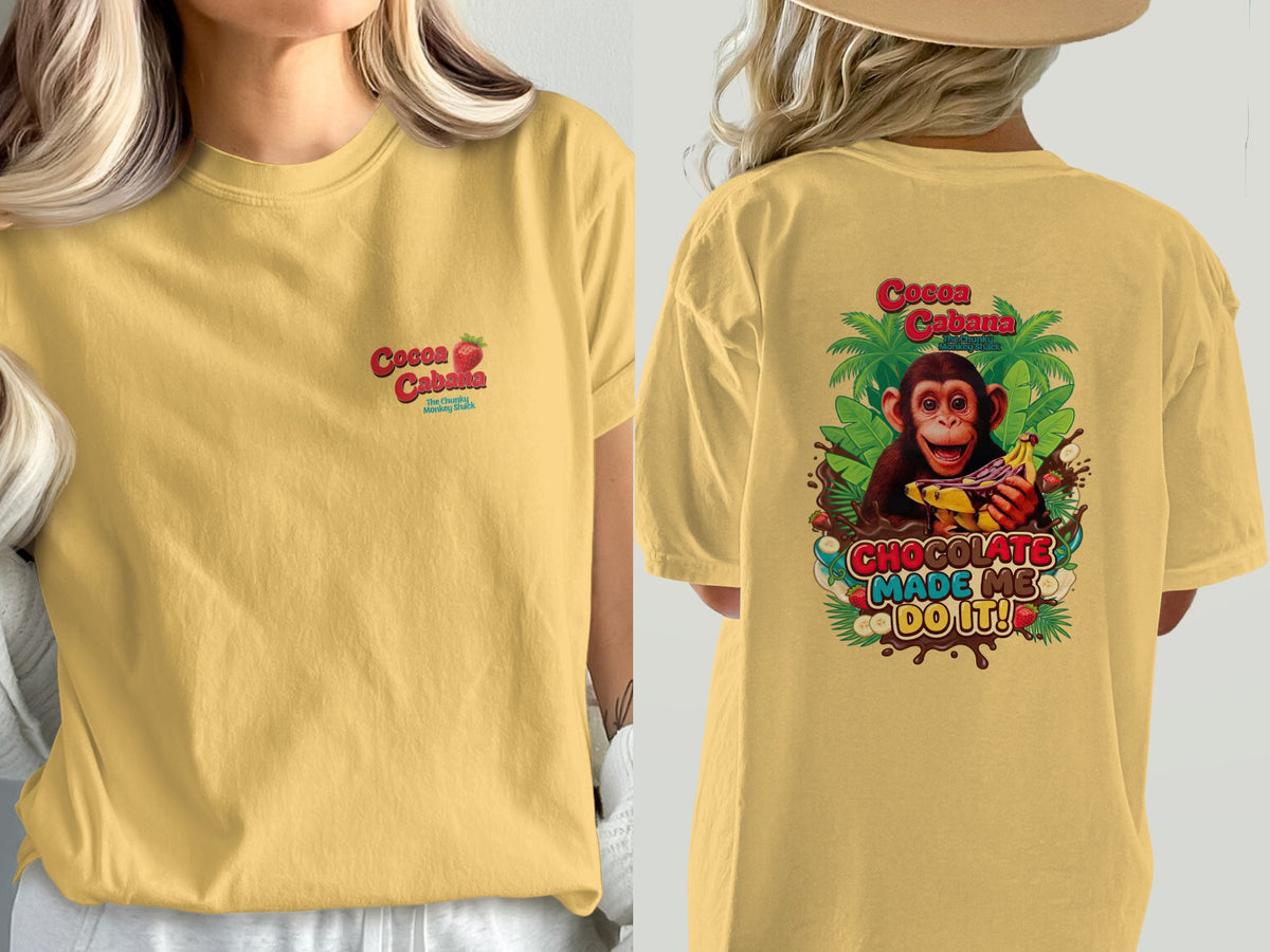 Yellow t-shirt with "Cocoa Cabana" logo and a chimpanzee eating bananas on the back.