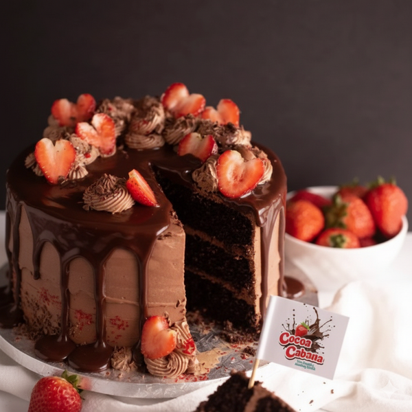 Chocolate cake with strawberries on a plate, with a slice taken out, and a 'Cocoa Cabana' sign in the background.