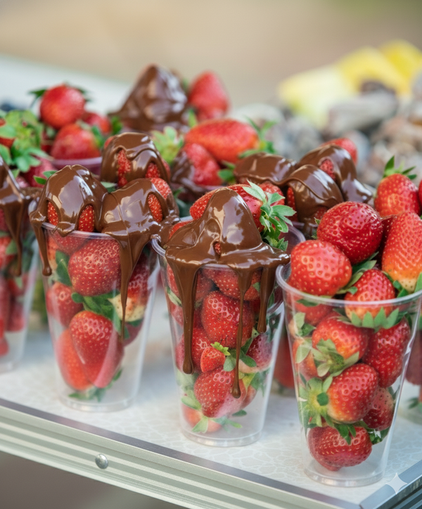 Strawberries dipped in chocolate in clear cups on a tray.