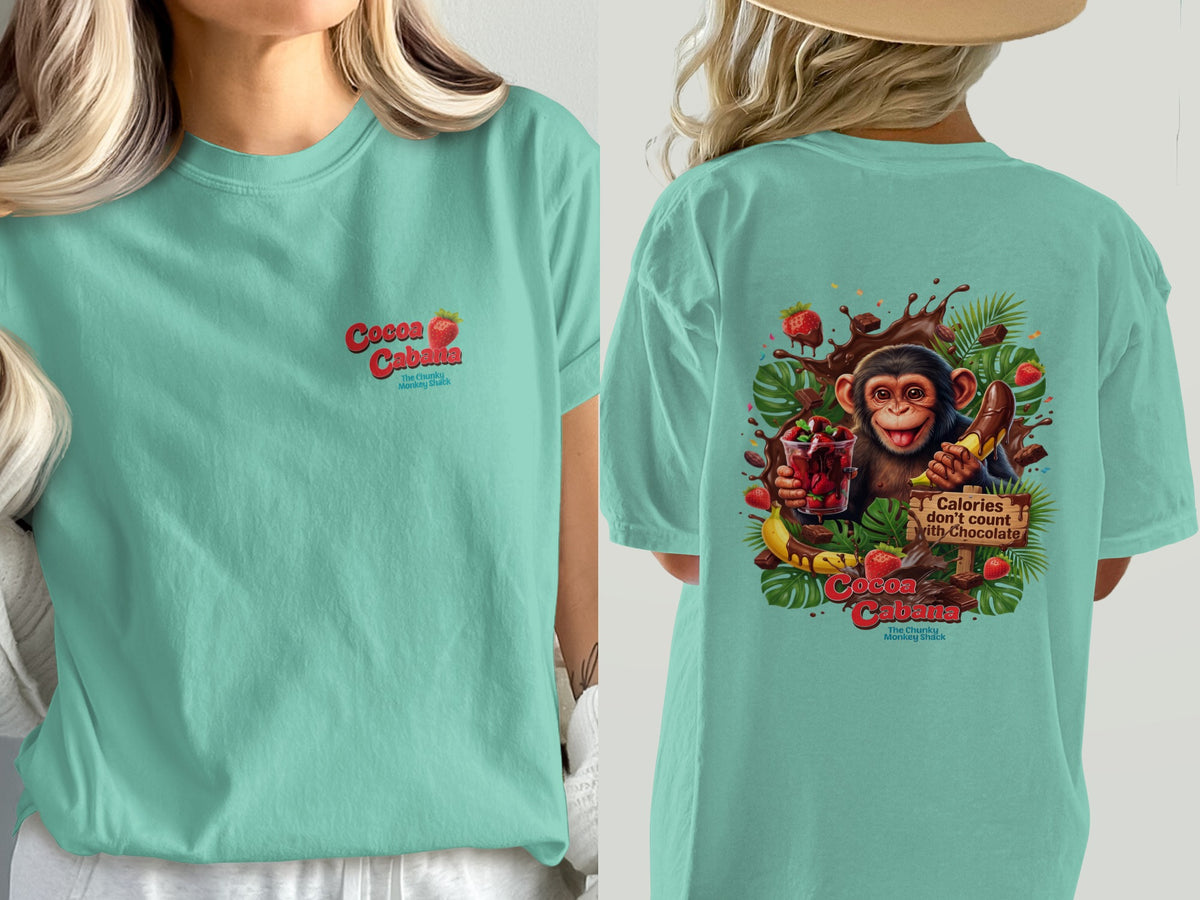 Island Reef green t-shirt with front text Cocoa Cabana and back design of monkey with chocolate and fruit.