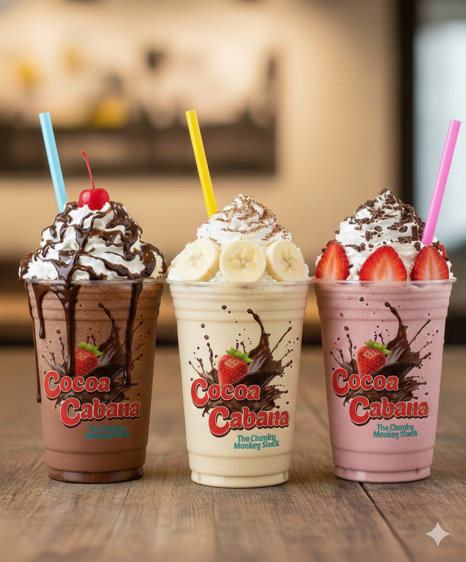 Three milkshakes from Cocoa Cabana on a wooden surface with blurred background