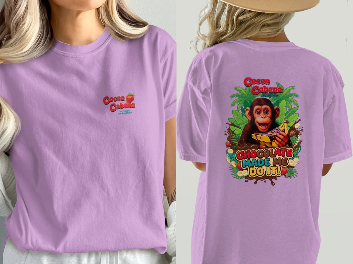 Lilac t-shirt with "Cocoa Cabana" and strawberry on front, monkey with banana on back.