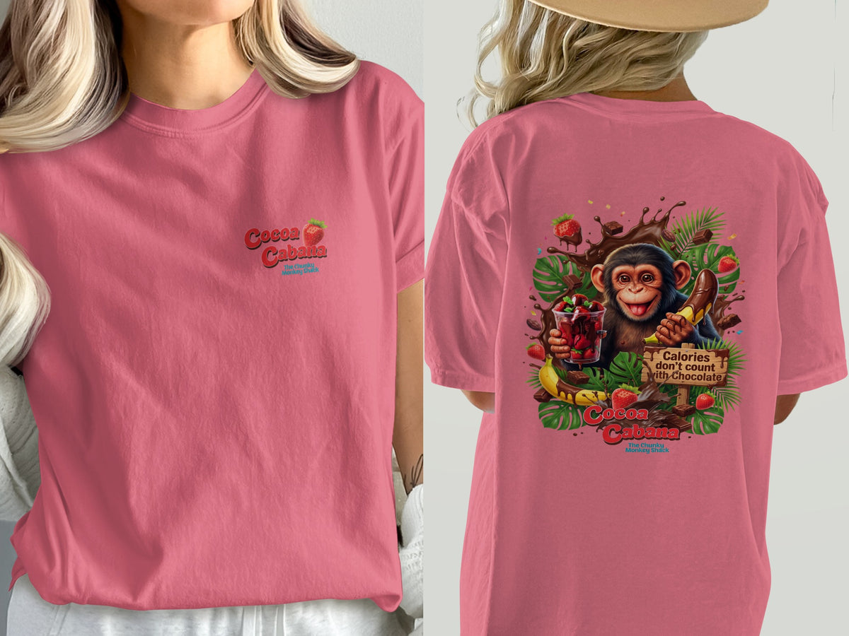 Pink t-shirt with "Cocoa Cabana" logo and monkey graphic.