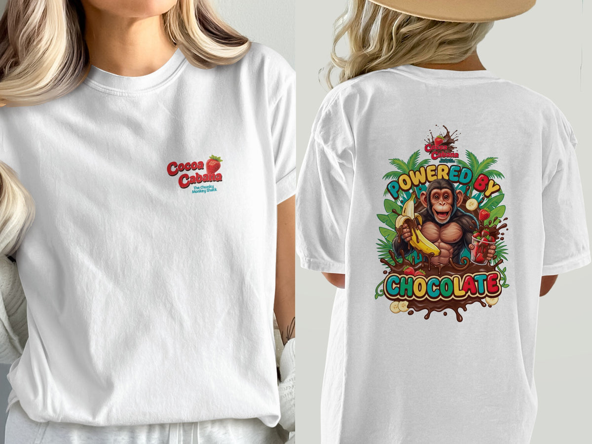 White t-shirt with "Cocoa Cabana" logo on front, and monkey graphic on back.